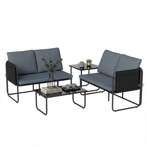 Conjunto Jardín Exterior de 4 Piezas con 2 Sofás 2 Plazas 2 Mesas de Vidrio Cojines Fundas Extraíbles y Bolsillos Gris [9]