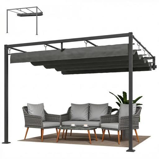 Pérgola de Pared de Jardín 3x3 m con Techo Retráctil Protección UPF30+ Drenaje Cenador de Jardín para Exterior Gris [8]