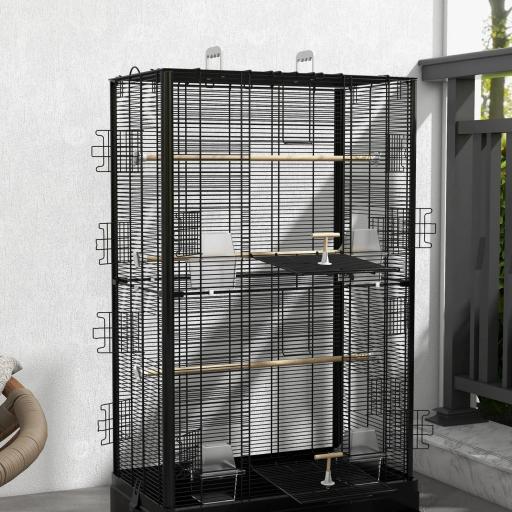 Jaula para Pájaros 61x36,5x98 cm con 8 Puertas 5 Perchas Bandeja Extraíble y 4 Comederos para Periquitos Pinzones Negro [6]