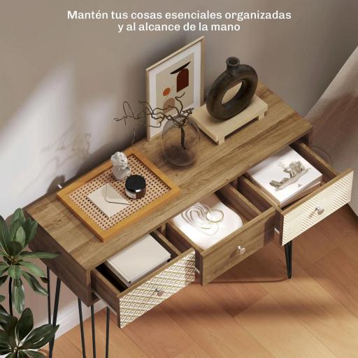Mesa de Consola Mesa de Sofá con 3 Cajones con Patas de Acero Tipo Horquilla Estilo Bohemio Natural [2]