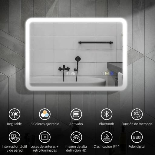 Espejo de Baño con Luz LED 70x50 cm con Bluetooth 3 Colores de Luz Reloj Digital Función Antivaho Función de Memoria [2]