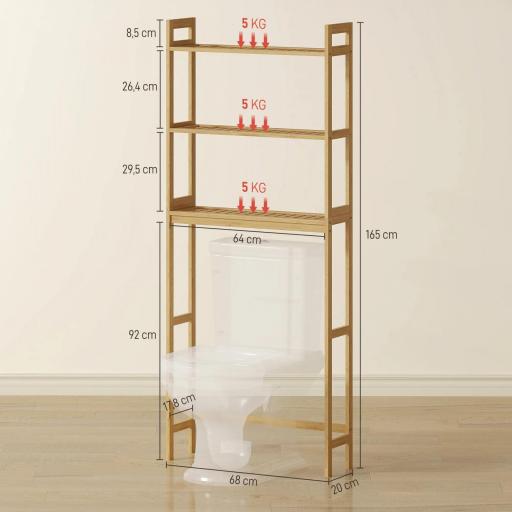 Mueble sobre Inodoro con 3 Estantes y Alfombrillas Antideslizantes 68x20x165 cm Natural [1]