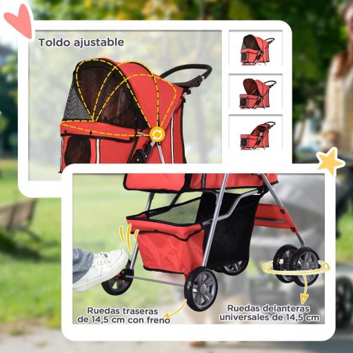 Carrito para Perros Pequeños con Toldo Ajustable Cesta de Almacenaje Portavasos y 2 Ruedas Universales 75x45x97 cm Rojo [2]