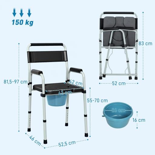 Silla con Inodoro Plegable con Altura Ajustable Cubo y Almohadillas Antideslizantes Carga 150 kg Negro [3]