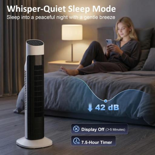 Ventilador de Torre Silencioso con Control Remoto 3 Velocidades 3 Modos Temporizador 7,5H Oscilación 70° Blanco y Negro [3]