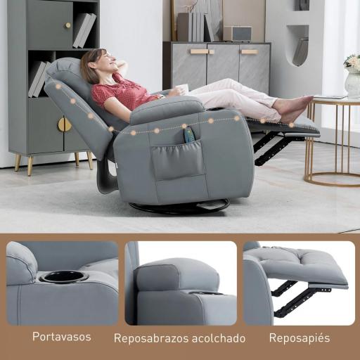 Sillón de Masaje Reclinable con 8 Puntos de Masaje Función de Calefacción Giratorio Mando a Distancia 85x94x104 cm Gris [6]