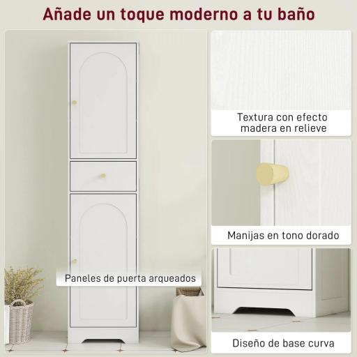 Armario Alto de Baño Estrecho con 2 Puertas Arqueadas Cajón y Estantes Ajustables Moderno 40x29,5x170 cm Blanco Veteado [4]
