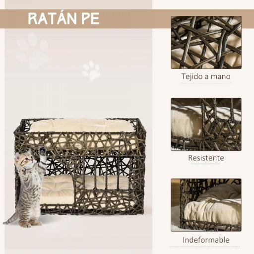Cesta de Ratán para Gatos de 2 Alturas Cama Cueva de Gatos con 2 Cojines Suaves y Ventana 56x41x45 cm Café Oscuro [5]