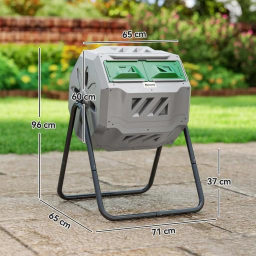 Compostador de Tambor Giratorio con Capacidad 160 Litros de Doble Cámara y Ventilación Marco de Acero 71x65x96cm Gris [1]