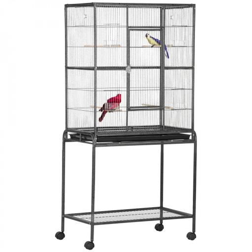 Jaula para Pájaros con Ruedas Pajarera Metálica con Perchas Comederos y Estante 81x48x162,5 cm Negro y Gris [9]