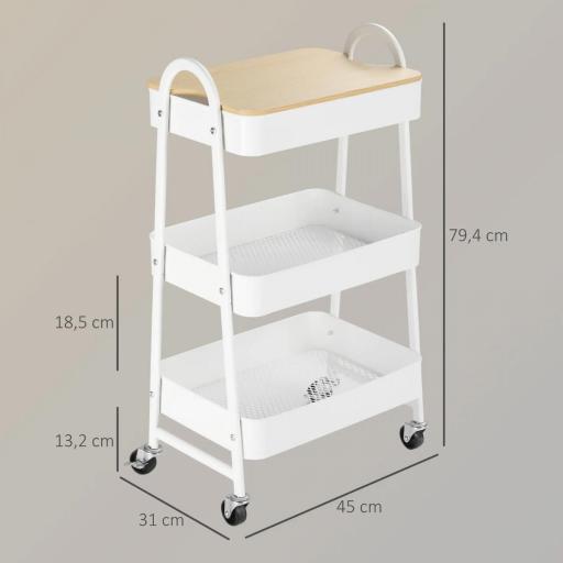 Carrito de Cocina con 3 Cestas de Acero y 1 Placa de Cubierta para Comedor Sala Baño 45x31x79,4 cm Blanco [1]