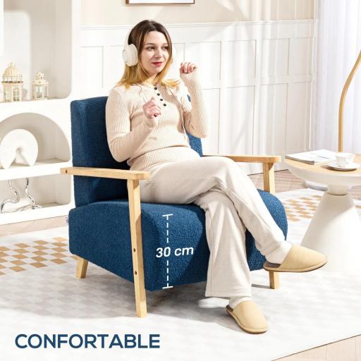 Sillón Nórdico de Borreguito Acolchado Grueso y Patas de Madera Asiento Amplio para Salón Dormitorio 74,5x76x78 cm Azul [2]