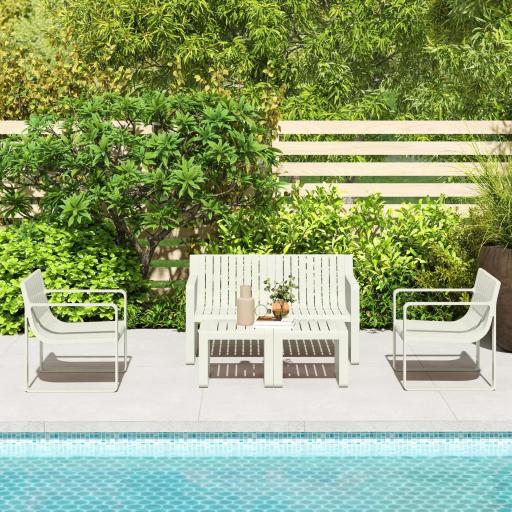 Conjunto de Jardín de 5 Piezas con Sofá de 2 Plazas Sillones y Mesas Diseño de Lamas Polipropileno Impermeable Anti-UV