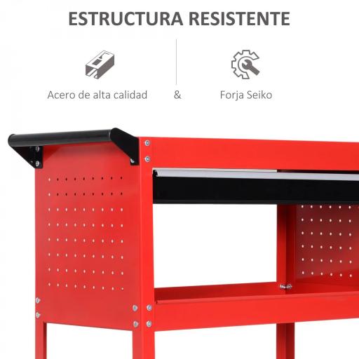 Carro de Taller Carro de Herramientas con 3 Bandejas y Cajón Ruedas con Frenos Asa Lateral Panel Lateral Perforado Rojo [3]