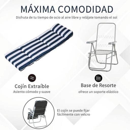  2 Tumbonas de Jardín de Acero con Cojín Acolchado Respaldo Ajustable y Reposapiés 60x75x66-102 cm Azul y Blanco [5]