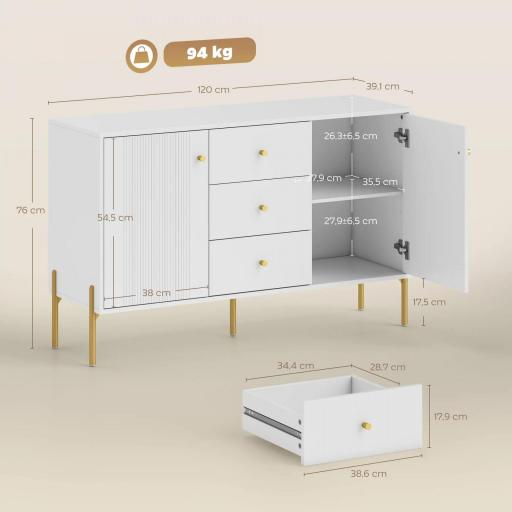 Aparador Moderno de 2 Puertas Aparador de Salón con 3 Cajones Estantes Ajustables Blanco 120x39,1x76 cm [1]