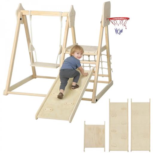 Tobogán Infantil 5 en 1 Estructura de Escalada con Tobogán Columpio Aro de Baloncesto Tabla Red de Escalada Natural [8]