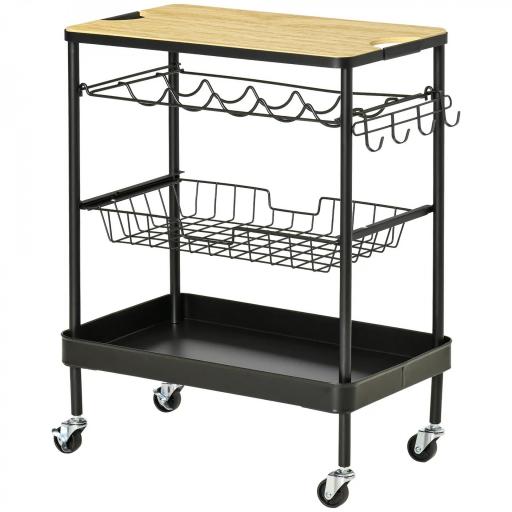 Carro de Cocina con Ruedas Carrito de Servicio Multiuso con Botellero Cesta Extraíble Bandeja 60,5x35,5x75 cm Negro [10]