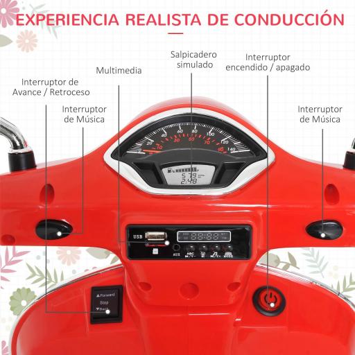 Moto Eléctrica Infantil Coche Triciclo Vespa Scooter Eléctrico a Batería con Luz MP3 USB Bocina para Niños Más de 3 Años Carga 25kg Rojo [2]