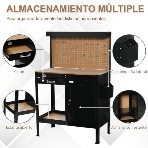 Banco de Trabajo con Panel Perforado Cajón Estante y Armario con Cerradura para Taller o Hogar 98,5x48x140 cm Negro [3]