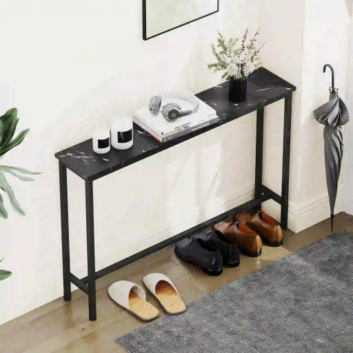 Consola Recibidor Estrecha con Superficie con Efecto Mármol y Marco de Metal 100x20x66 cm Negro [5]