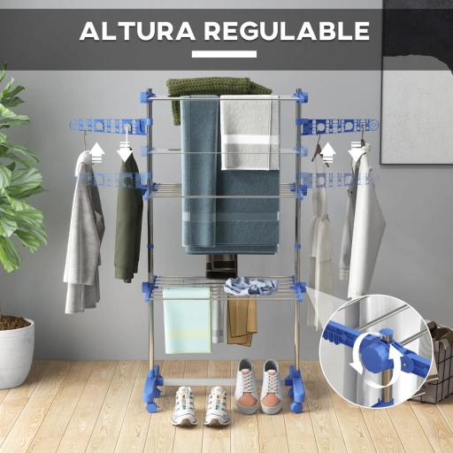 Tendedero Vertical de 3 Niveles con 6 Ruedas 2 Laterales Abatibles Estantes Ajustables y Marco de Acero Inoxidable Azul [2]