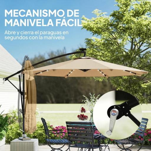 Parasol Excéntrico con Luces LED Solares 330x295 cm Sombrilla Jardín con Base Cruzada Manivela Funda Protectora Caqui [4]