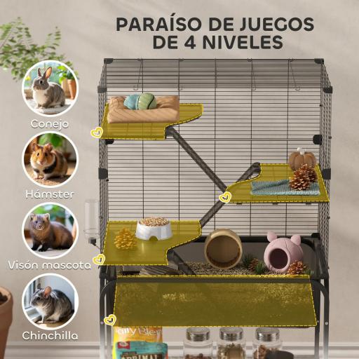 Jaula para Animales Pequeños de 4 Niveles con Ruedas Bandeja Profunda Rampas Plataformas y Comedero 73x47x123 cm Negro [4]
