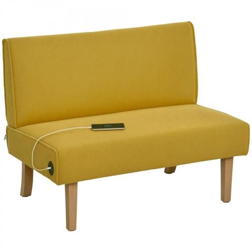 Sofá de 2 Plazas Tapizado en Pana con 2 Puertos USB 1 Puerto Tipo-C y Patas de Madera Carga 240 kg 110x60x85 cm Amarillo [10]