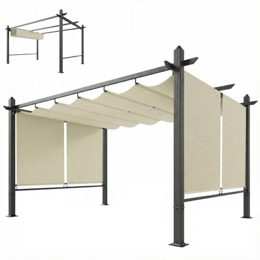 Pérgola de Jardín 4x3 m con Cortinas Enrollables Automáticas y Techo Retráctil Cenador de Jardín con UPF50+ Crema [9]