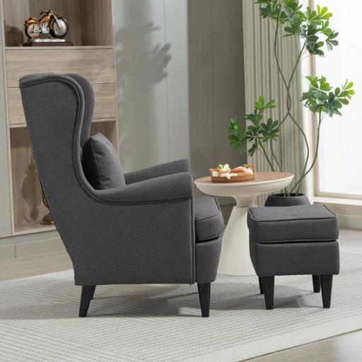 Sillón con Reposapiés Respaldo Alto Capitoné Patas de Madera Almohada Acolchada y Tapizado en Lino Gris [6]