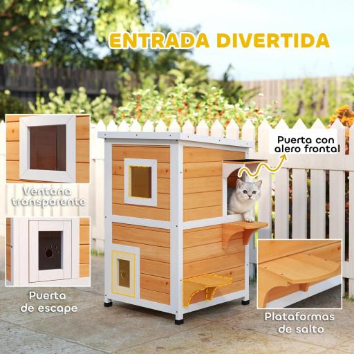 Caseta para Gatos de Madera Exterior de 2 Niveles con Techo Abatible Panel Central Extraíble 51x51x81,3 cm Natural [2]