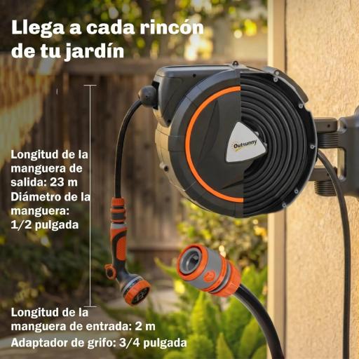 Carrete de Manguera Retráctil 23+2 m con 12 Modos de Rociado Bloqueo Automático Retracción Controlada Soporte Naranja [4]