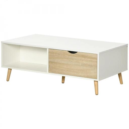 Mesa de Centro Rectangular Mesa con 2 Cajones y Compartimientos Abiertos Estilo Nórdico 106x58x39,5 cm Blanco [8]