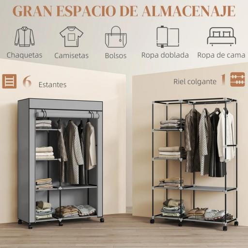 Armario de Tela con Ruedas Ropero Portátil con 6 Estantes y 1 Barra de Colgar para Dormitorio 103x43x162,5 cm Gris [9]