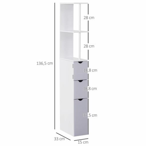 Columna de Baño Moderno Mueble Auxiliar de Baño con 2 Estantes 2 Cajones y 1 Puerta Antivuelco 15x33x136,5 cm Blanco [1]