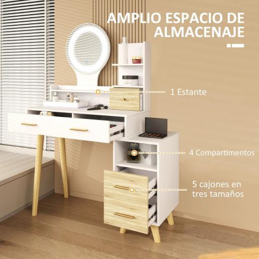Tocador con Espejo y Luces LED Ajustables con 5 Cajones 4 Compartimentos y 1 Estante 100x44x137 cm Blanco y Natural [3]