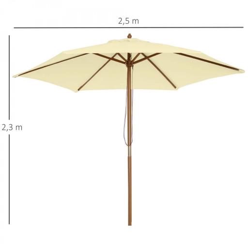 Sombrilla Parasol de Madera 250x230 cm para Exterior con 6 Varillas Sistema de Polea Color Crema [1]