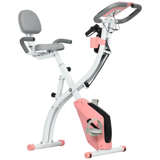 Bicicleta Estática Plegable 3 en 1 con Respaldo y 8 Niveles Resistencia Magnética, Bicicleta Estática para Casa Ajustable con Monitor LCD Volante Banda Sensor de Pulso Soporte de Teléfono Rosa [10]