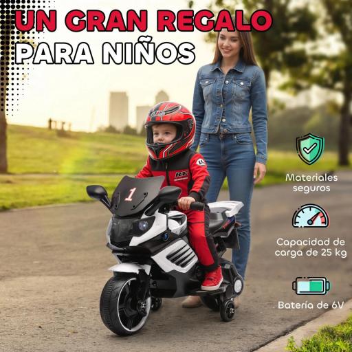 Moto Eléctrica para Niños 6V con Ruedas de Apoyo Música Faro para Niños de 18-36 Mesas Blanco [6]