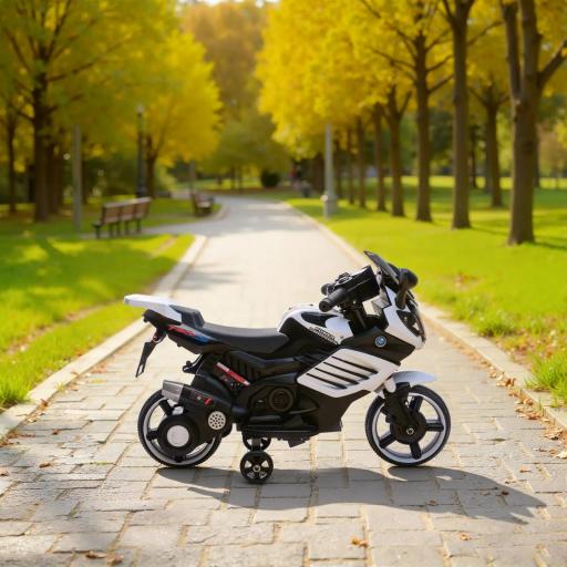 Moto Eléctrica para Niños 6V con Ruedas de Apoyo Música Faro para Niños de 18-36 Mesas Blanco [1]