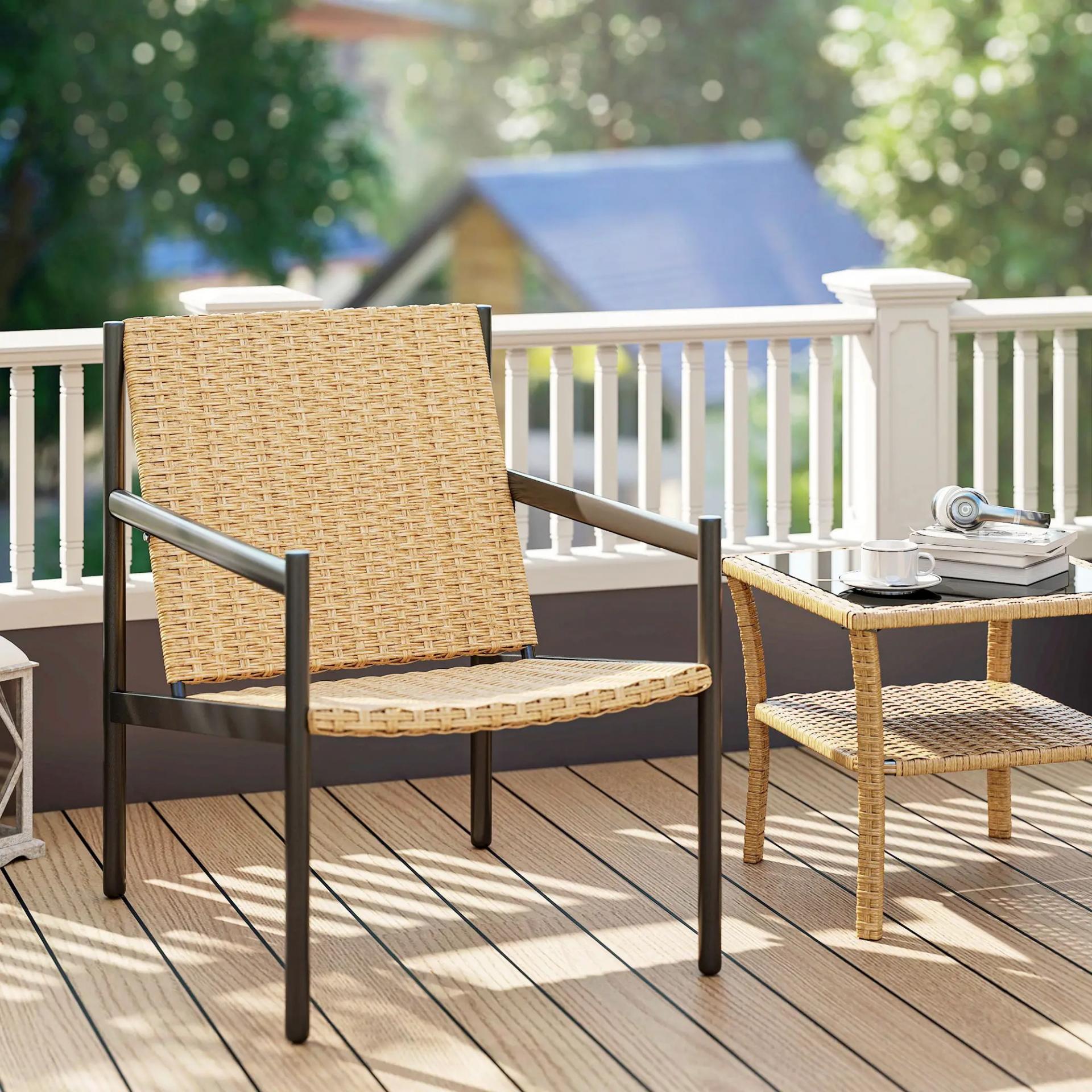 Silla de Ratán de Jardín para Exterior con Reposabrazos Estructura de Acero y Respaldo Inclinado 74x61x81 cm Natural