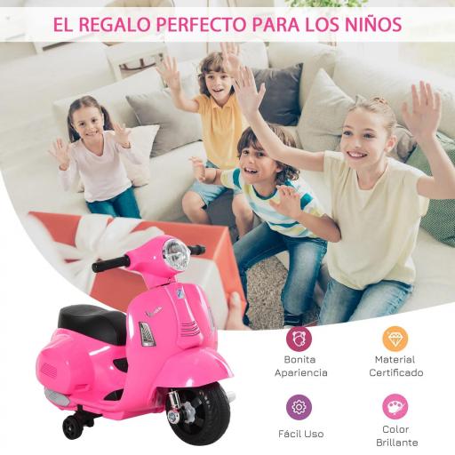 Moto Eléctrica Vespa para Niños de 18-36 Meses Moto de Batería 6V con Faro Bocina y 4 Ruedas 66,5x38x52 cm Rosa [5]