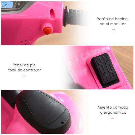 Moto Eléctrica Vespa para Niños de 18-36 Meses Moto de Batería 6V con Faro Bocina y 4 Ruedas 66,5x38x52 cm Rosa [2]