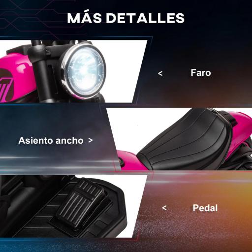 Moto Eléctrica para Niños de 18-36 Meses con Batería 6V Faro y Ruedas Auxiliares Desmontables Rosa [3]