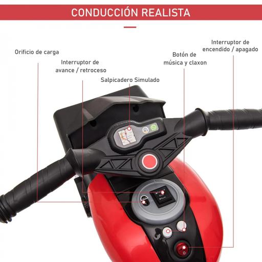 Moto Eléctrica Infantil con Luces Bocina Música Neumáticos Anchos Moto para Niños con Velocidad 3 km/h Rojo [2]