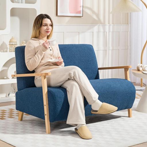 Sofá de 2 Plazas Tapizado en Borreguito 118 cm con Acolchado Grueso Reposabrazos y Patas de Madera Azul Oscuro