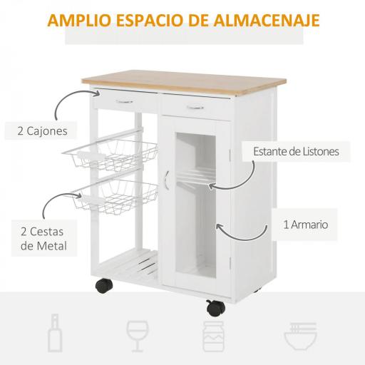 Carro de Cocina Multiusos Carrito Auxiliar con Ruedas para Dormitorio con Estantes Cestas Cajones 70x37x85cm Madera [2]
