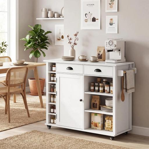 Isla de Cocina con Ruedas Tapa Abatible Especiero Toallero Armario 2 Cajones 117,5x70x91 cm Blanco [7]