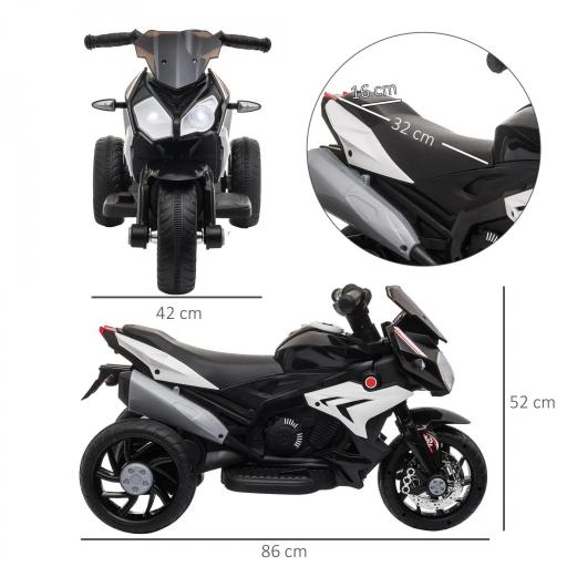 Moto Eléctrica Infantil con 3 Ruedas Trimoto para Niños de +3 Años con Batería 6V Recargable Funciones de Música Bocina Faros 86x42x52 cm Negro y Blanco [4]